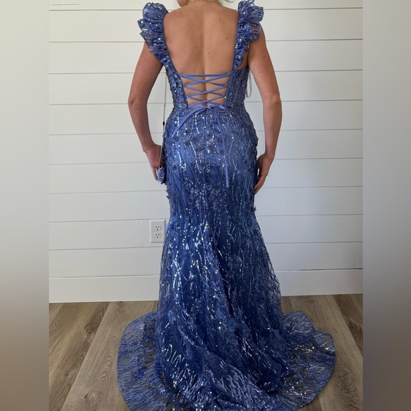 Periwinkle Sherri Hill Ruffle Sleeve Sequin Lace Dress - Picture 4 of 17